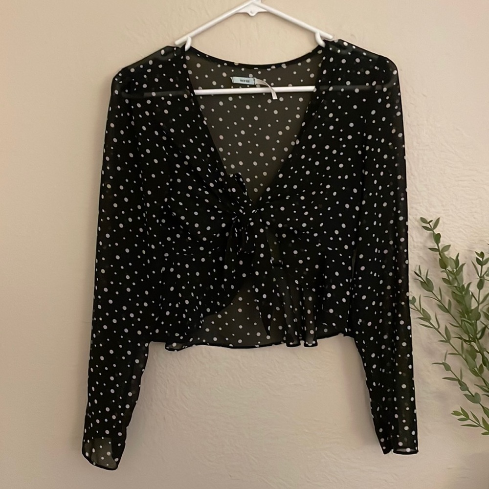 Polka Dot Tie-front Blouse - Black/White (Size S)
